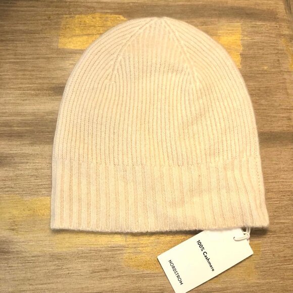 NWT NORDSTROM 100% Cashmere Rib Sweater Knit Beanie Hat Pink, Black or Beige OS main image 6